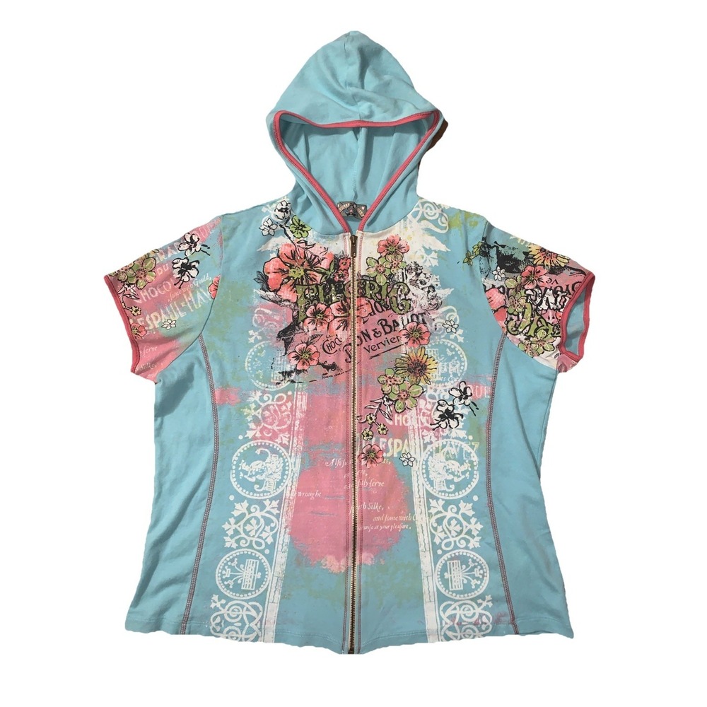 Y2K Vanilla Sugar Hoodie Womens 2X Full Zip Floral Short Sleeve Teal Pink Boho